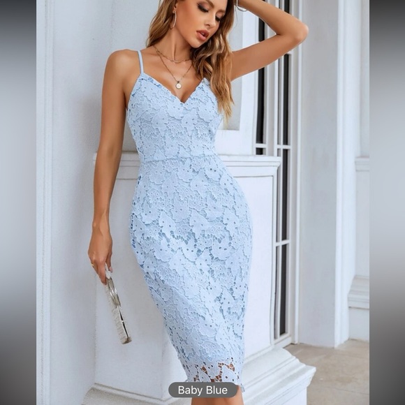 Dresses & Skirts - Guipure scalloped Lace v neck cami strap fitted bodycon dress baby blue